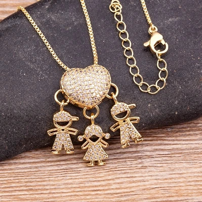 Nidin Fashion Son Daughter Heart Gold Color Cubic Zirconia Family Girl Boy Pendant Necklace Copper Chain Jewelry For Mother Gift