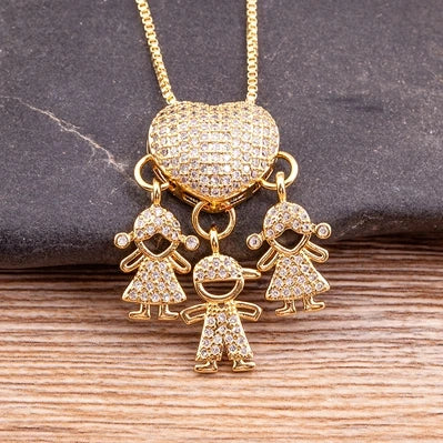 Nidin Fashion Son Daughter Heart Gold Color Cubic Zirconia Family Girl Boy Pendant Necklace Copper Chain Jewelry For Mother Gift