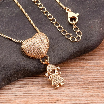 Nidin Fashion Son Daughter Heart Gold Color Cubic Zirconia Family Girl Boy Pendant Necklace Copper Chain Jewelry For Mother Gift