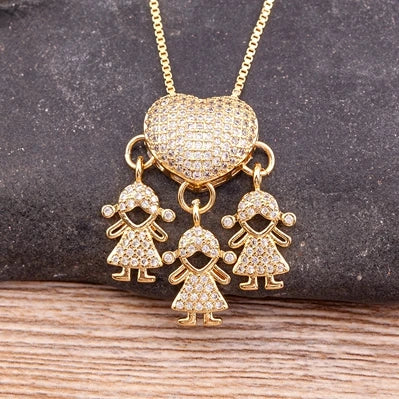 Nidin Fashion Son Daughter Heart Gold Color Cubic Zirconia Family Girl Boy Pendant Necklace Copper Chain Jewelry For Mother Gift