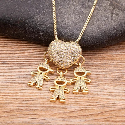 Nidin Fashion Son Daughter Heart Gold Color Cubic Zirconia Family Girl Boy Pendant Necklace Copper Chain Jewelry For Mother Gift