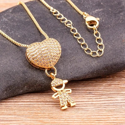 Nidin Fashion Son Daughter Heart Gold Color Cubic Zirconia Family Girl Boy Pendant Necklace Copper Chain Jewelry For Mother Gift